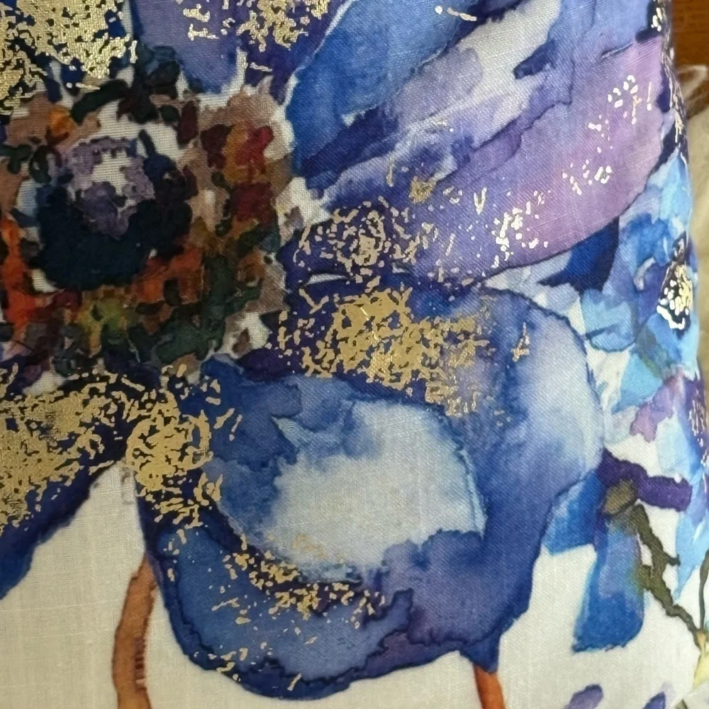 Floral Decorative Pillow with Purple Blue and Sparkling Gold Accents
